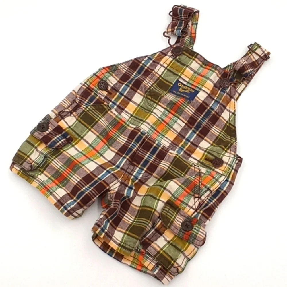 OshKosh B'Gosh Brown Plaid Shorts Overalls 3M